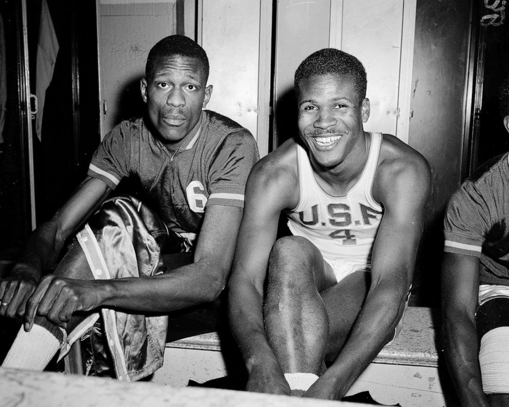 PHOTO: In this March 1, 1956, file photo, K.C. Jones, captain of the University of San Francisco Dons, right, is shown with teammate Bill Russell in San Francisco.