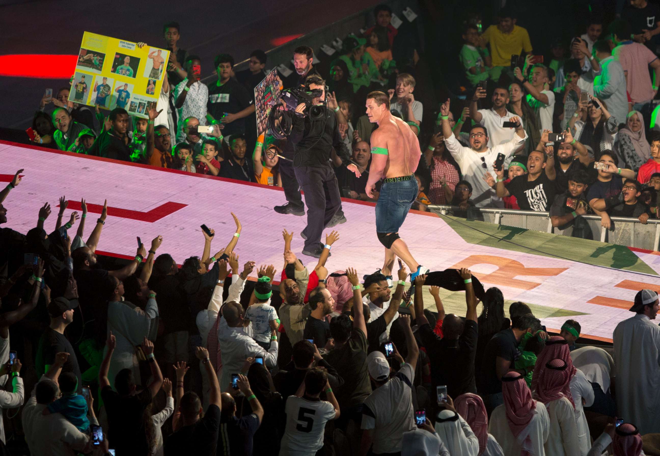PHOTO: World Wrestling Entertainment star John Cena is greeted by fans during the "Greatest Royal Rumble" event in Jiddah, Saudi Arabia, April 27, 2018.