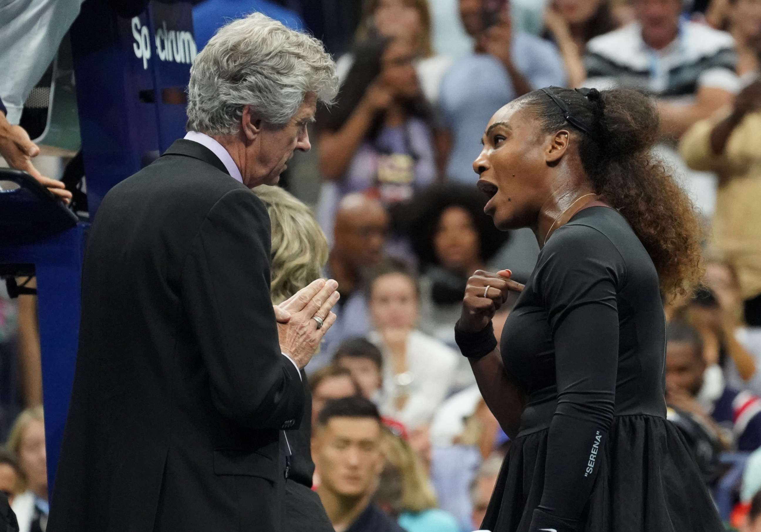 PHOTO: Serena Williams of the United States argues with referee Brian Earley during her Women's Singles finals match against Naomi Osaka of Japan at the 2018 US Open in New York, Sept. 8, 2018.