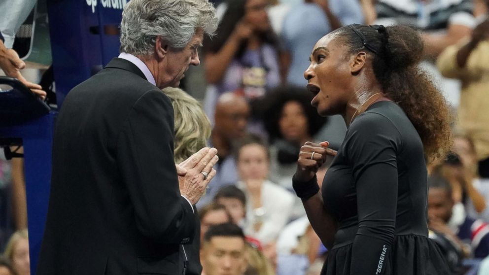 PHOTO: Serena Williams of the United States argues with referee Brian Earley during her Women's Singles finals match against Naomi Osaka of Japan at the 2018 US Open in New York, Sept. 8, 2018.
