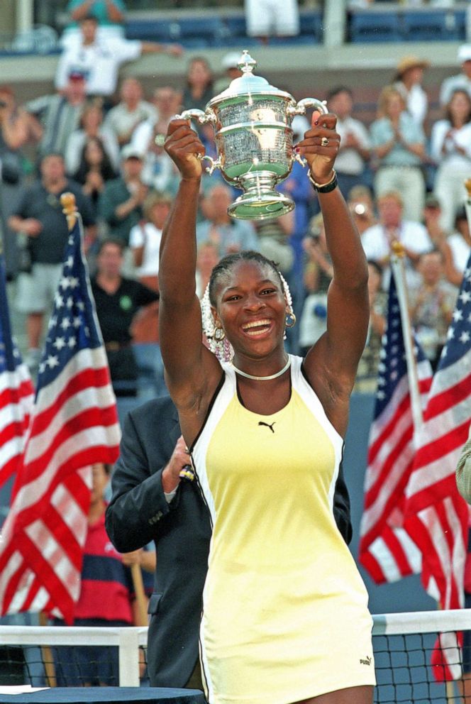 PHOTO: Serena Williams smiles and poses with her trophy after winning the US Open at the USTA National Tennis Courts in Flushing Meadows, New York City, N.Y., Sept. 11, 1999..