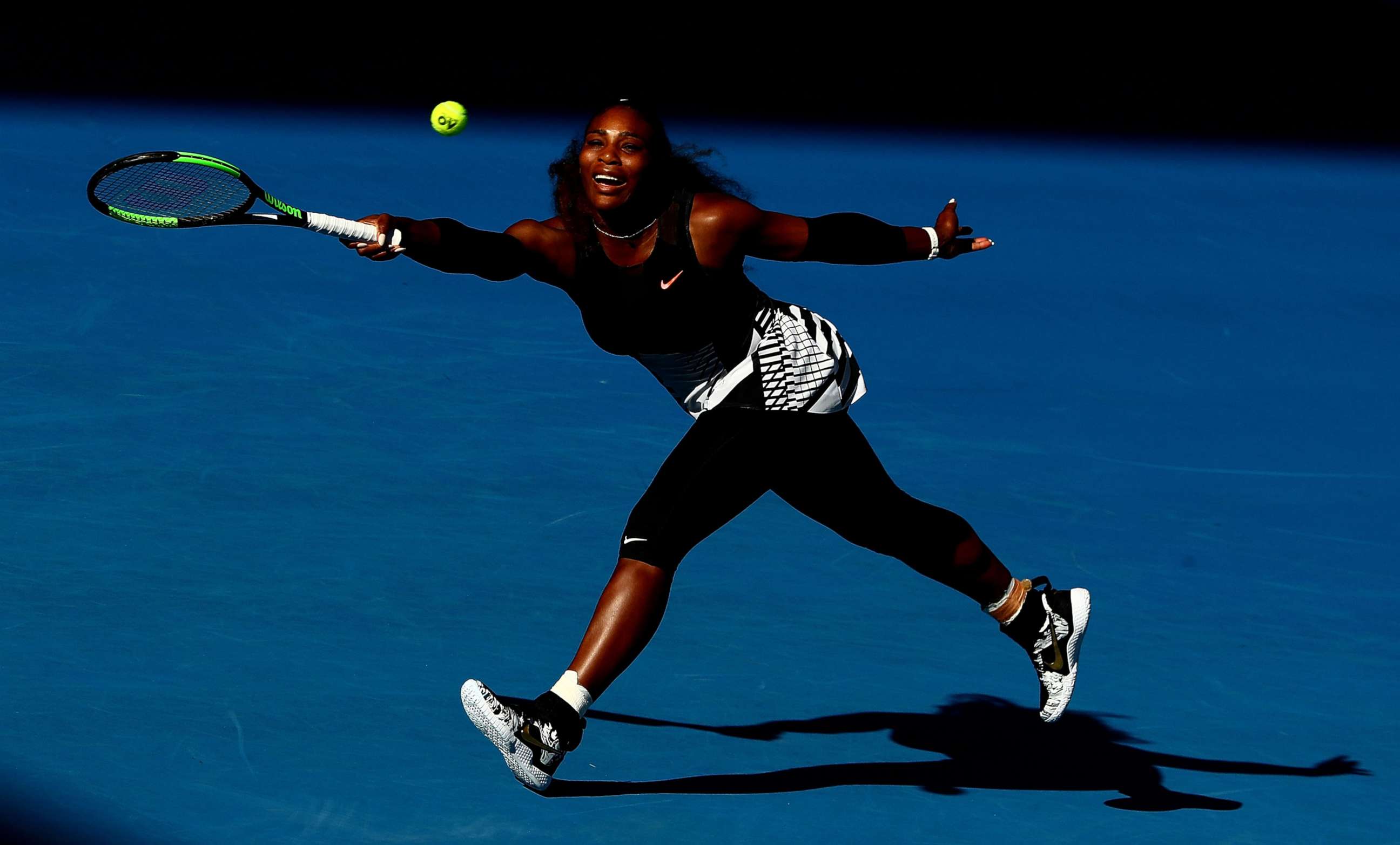 PHOTO: Serena Williams of the United States plays a forehand in her semifinal match against Mirjana Lucic-Baroni of Croatia on day 11 of the 2017 Australian Open at Melbourne Park, Jan. 26, 2017 in Melbourne, Australia.