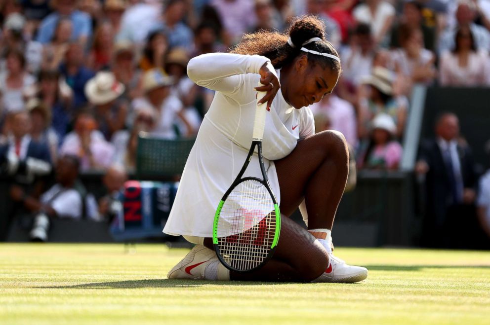 PHOTO: Serena Williams of U.S appears dejected during the Ladies' Singles final against Angelique Kerber of Germany on day 12 of the Wimbledon Lawn Tennis Championships at All England Lawn Tennis and Croquet Club on July 14, 2018 in London.