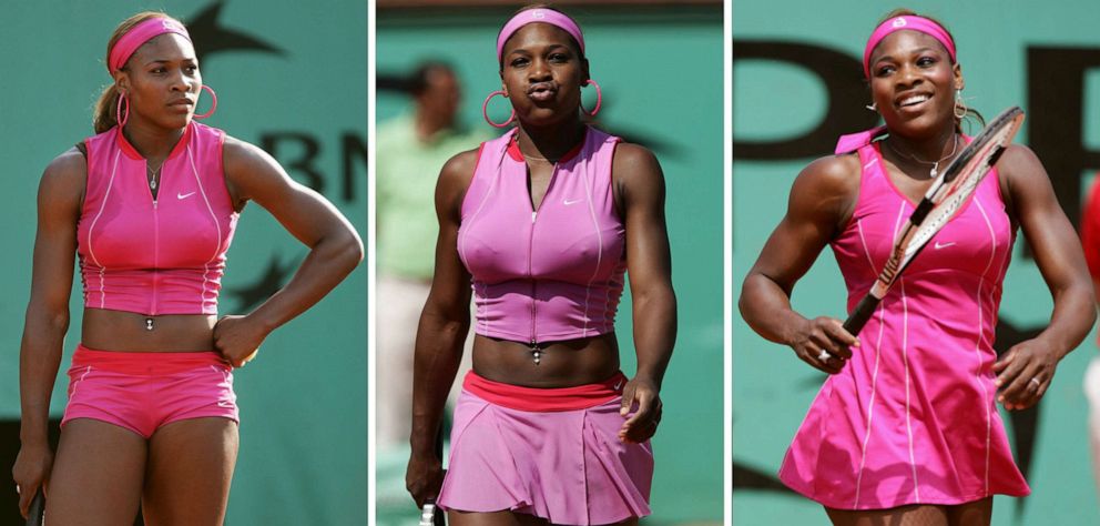 PHOTO: A composite photo shows Serena Williams wearing different outfits during her first three matches at the French Open 2004 in Paris, May 31, 2004.