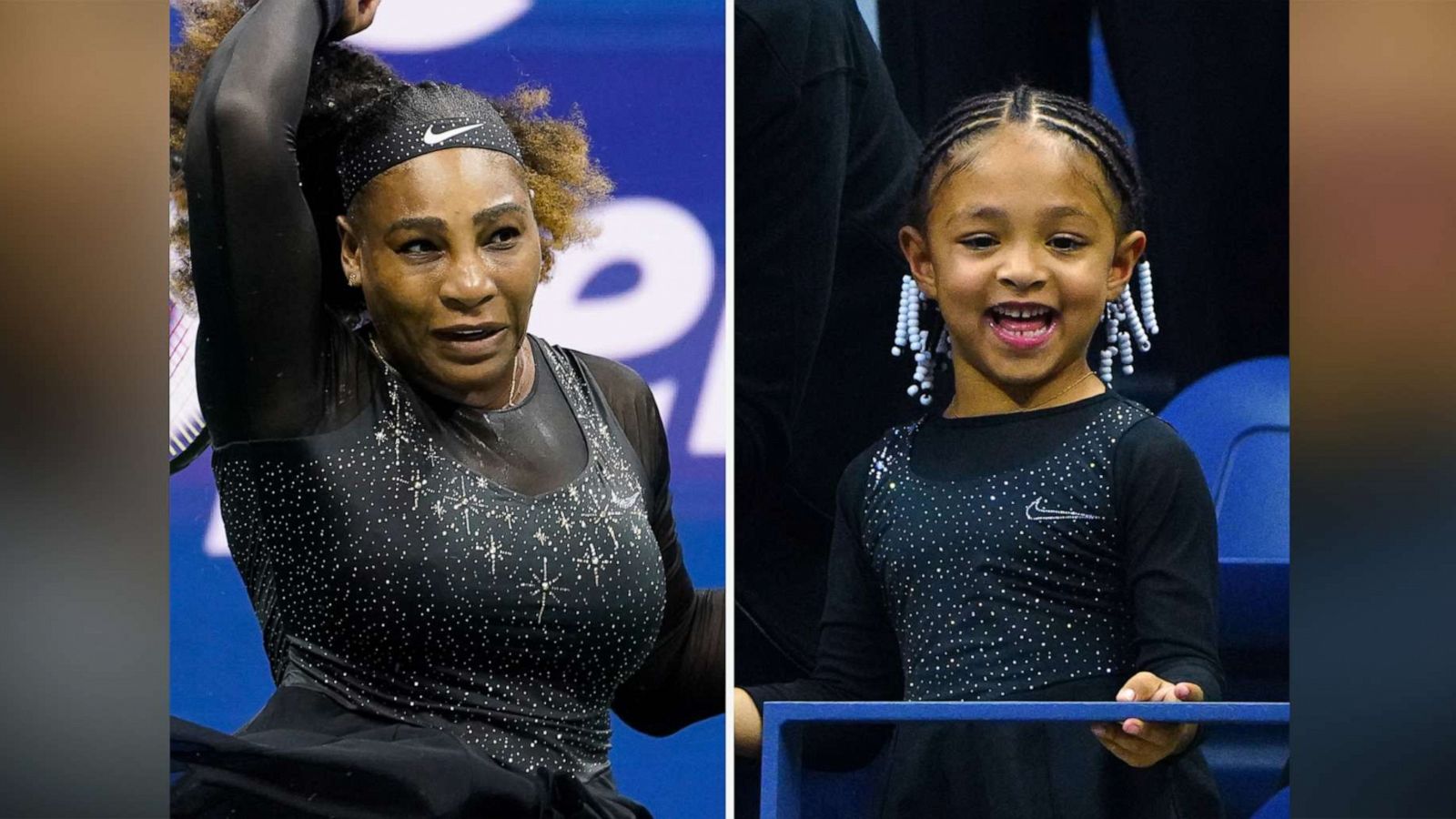 PHOTO: Serena Williams and daughter Alexis Olympia Ohanian Jr are seen attending the U.S. Open in New York, in a composite image, Aug. 29, 2022.