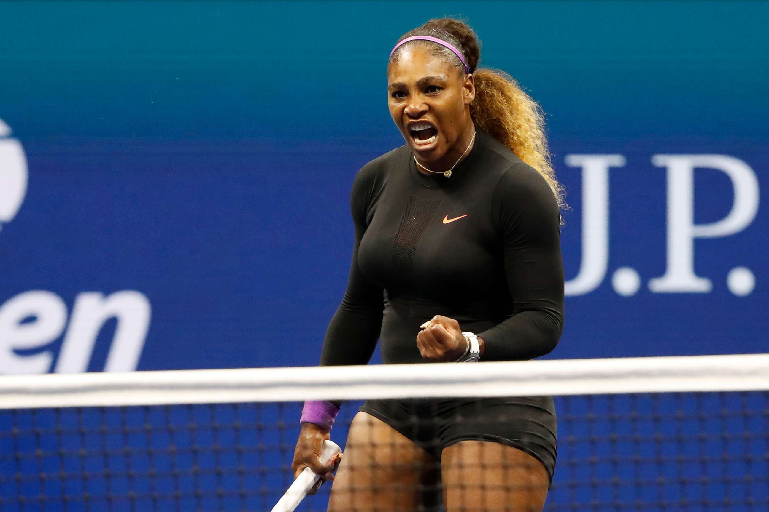 PHOTO: Serena Williams reacts after winning a point against Qiang Wang in a quarterfinal match on day nine of the 2019 US Open tennis tournament at USTA Billie Jean King National Tennis Center in Flushing, N.Y., Sep 3, 2019.