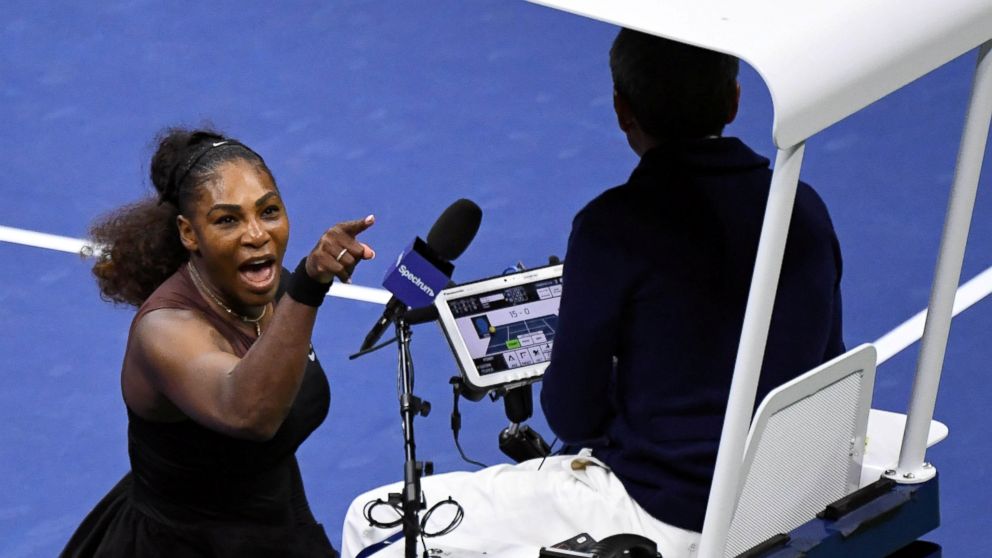 PHOTO: Serena Williams of the United States yells at chair umpire Carlos Ramos in the women's final against Naomi Osaka of Japan on day thirteen of the 2018 in New York, Sept. 8, 2018.  