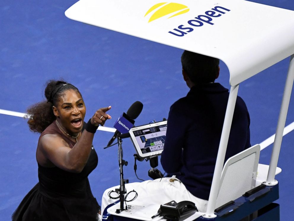 PHOTO: Serena Williams of the United States yells at chair umpire Carlos Ramos in the women's final against Naomi Osaka of Japan on day thirteen of the 2018 in New York, Sept. 8, 2018.  