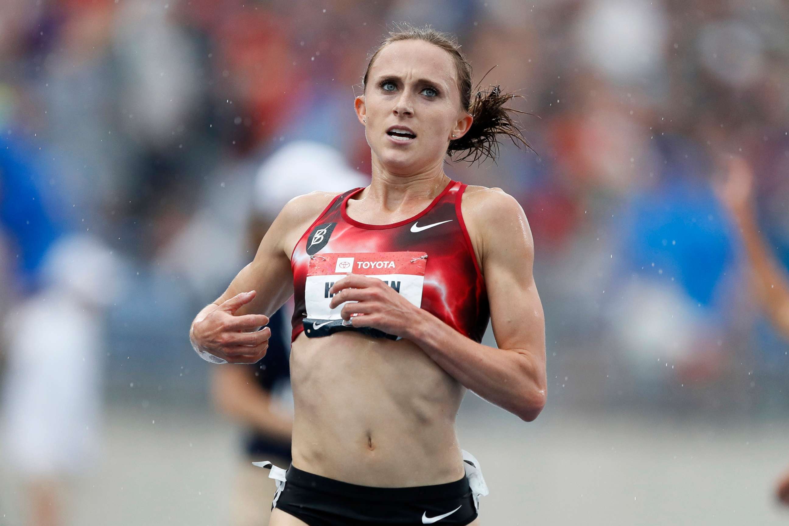 PHOTO: In this July 28, 2019 file photo, Shelby Houlihan crosses the finish line as she wins the women's 5,000-meter run at the U.S. Championships athletics meet, in Des Moines, Iowa.