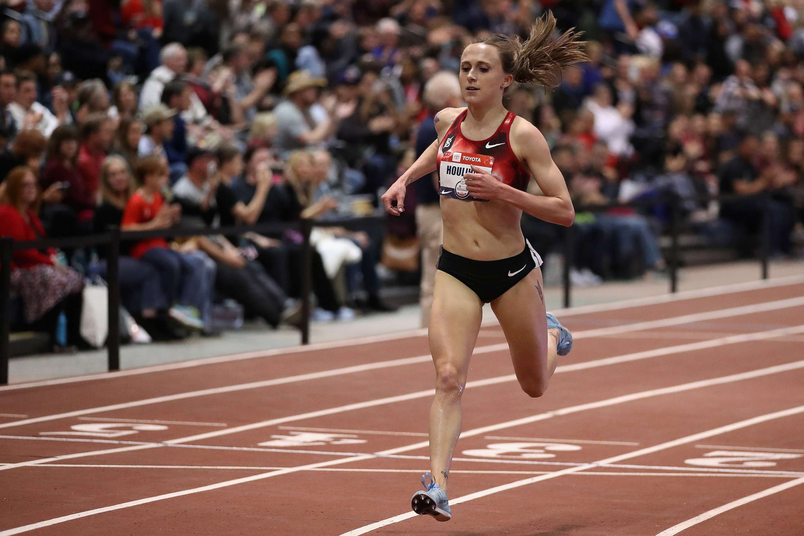 PHOTO: In this Feb. 14, 2020 Shelby Houlihan crosses the finish line to win the Women's 3000 M during the 2020 Toyota USATF Indoor Championships at Albuquerque Convention Center on Feb. 14, 2020 in Albuquerque, New Mexico.