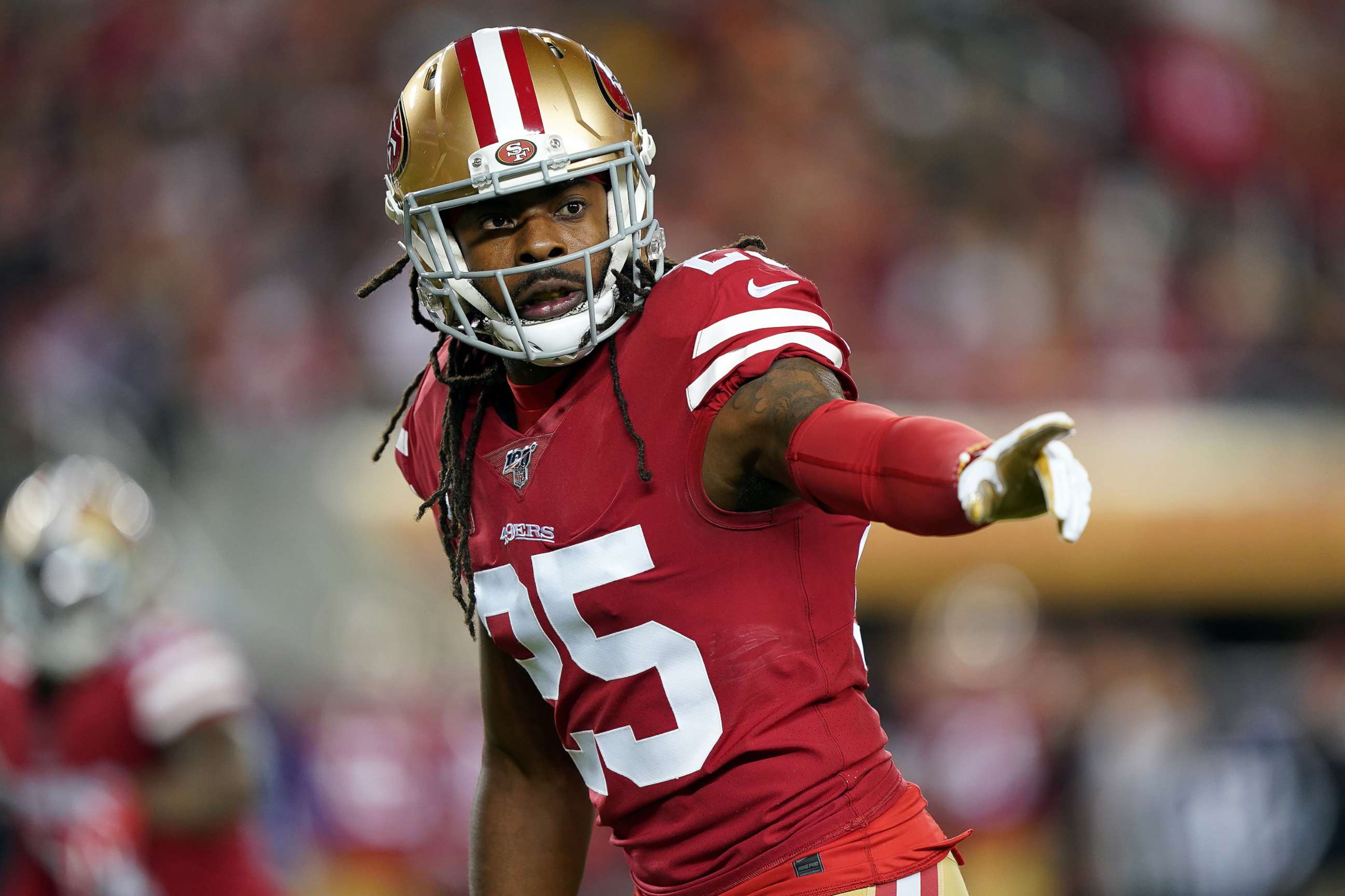 PHOTO: Cornerback Richard Sherman #25 of the San Francisco 49ers lines up during the first quarter of the game against the Green Bay Packers at Levi's Stadium, Nov. 24, 2019, in Santa Clara, Calif.