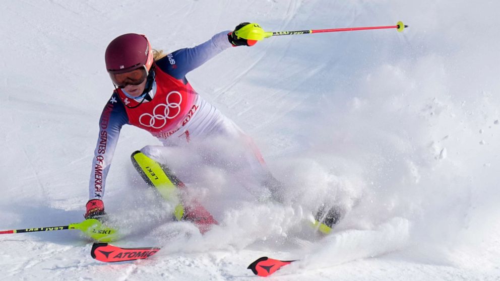 PHOTO: Mikaela Shiffrin, of the United States skis out in the first run of the women's slalom at the 2022 Winter Olympics, Wednesday, Feb. 9, 2022, in the Yanqing district of Beijing.