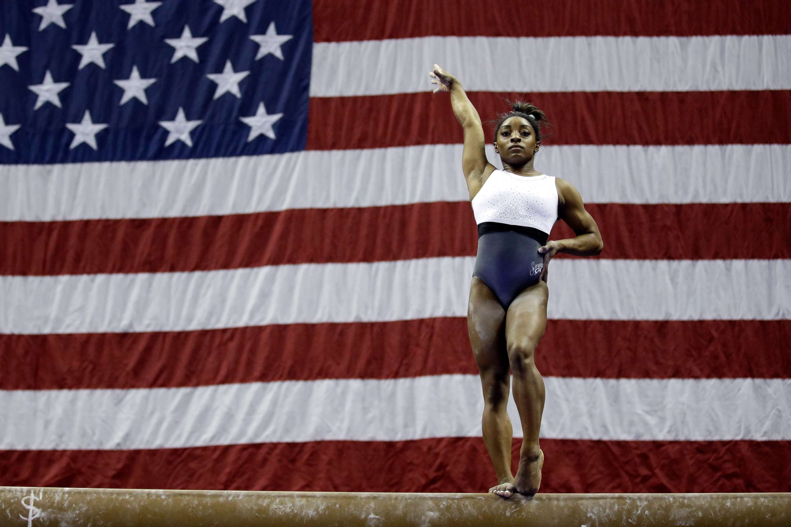 PHOTO: Simone Biles works on the beam during practice for the U.S. gymnastics championships Wednesday, Aug. 7, 2019, in Kansas City, Mo.