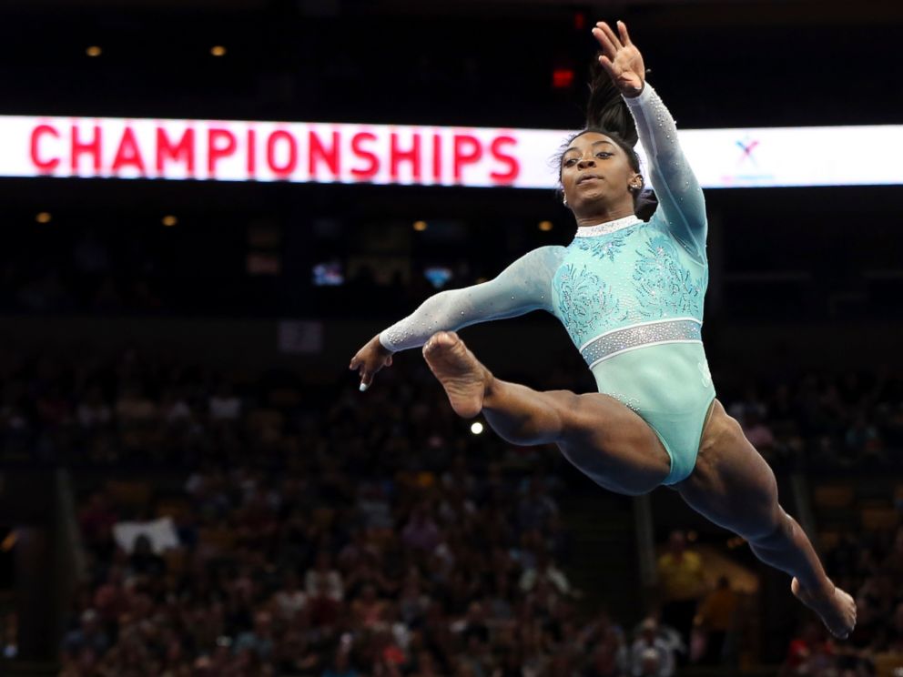 PHOTO: In this Aug. 19, 2018, file photo, Simone Biles competes on the floor exercise at the U.S. Gymnastics Championships in Boston.