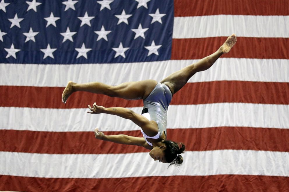 PHOTO: Simone Biles works on the beam during practice for the U.S. Gymnastics Championships Wednesday, Aug. 7, 2019, in Kansas City, Mo.