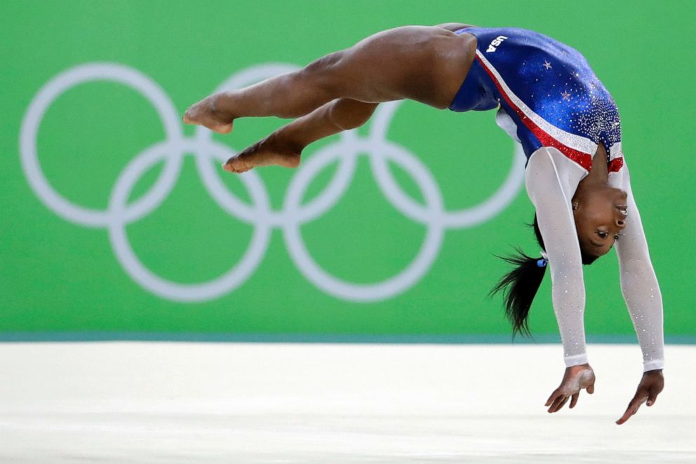 PHOTO: In this Aug. 11, 2016, file photo, United States' Simone Biles performs on the floor during the artistic gymnastics women's individual all-around final at the 2016 Summer Olympics in Rio de Janeiro, Brazil. 