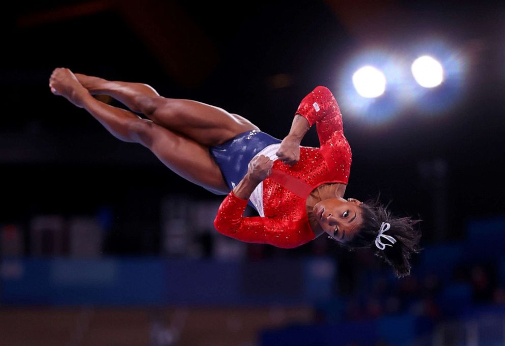 PHOTO: Team USA's Simone Biles in action on the vault during the women's gymnastics team final at the Ariake Gymnastics Center on Day Four of the 2020 Summer Olympics in Tokyo, Japan, on July 27, 2021.