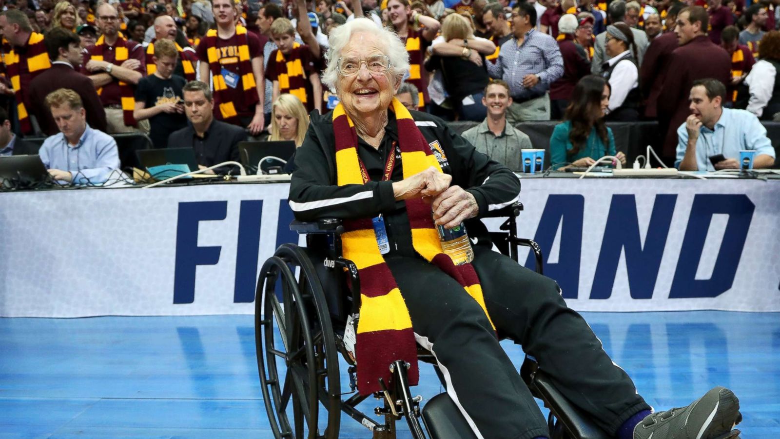 PHOTO: Sister Jean Dolores-Schmidt celebrates after the Loyola Ramblers beat the Tennessee Volunteers at the 2018 NCAA Tournament at the American Airlines Center, March 17, 2018, in Dallas.