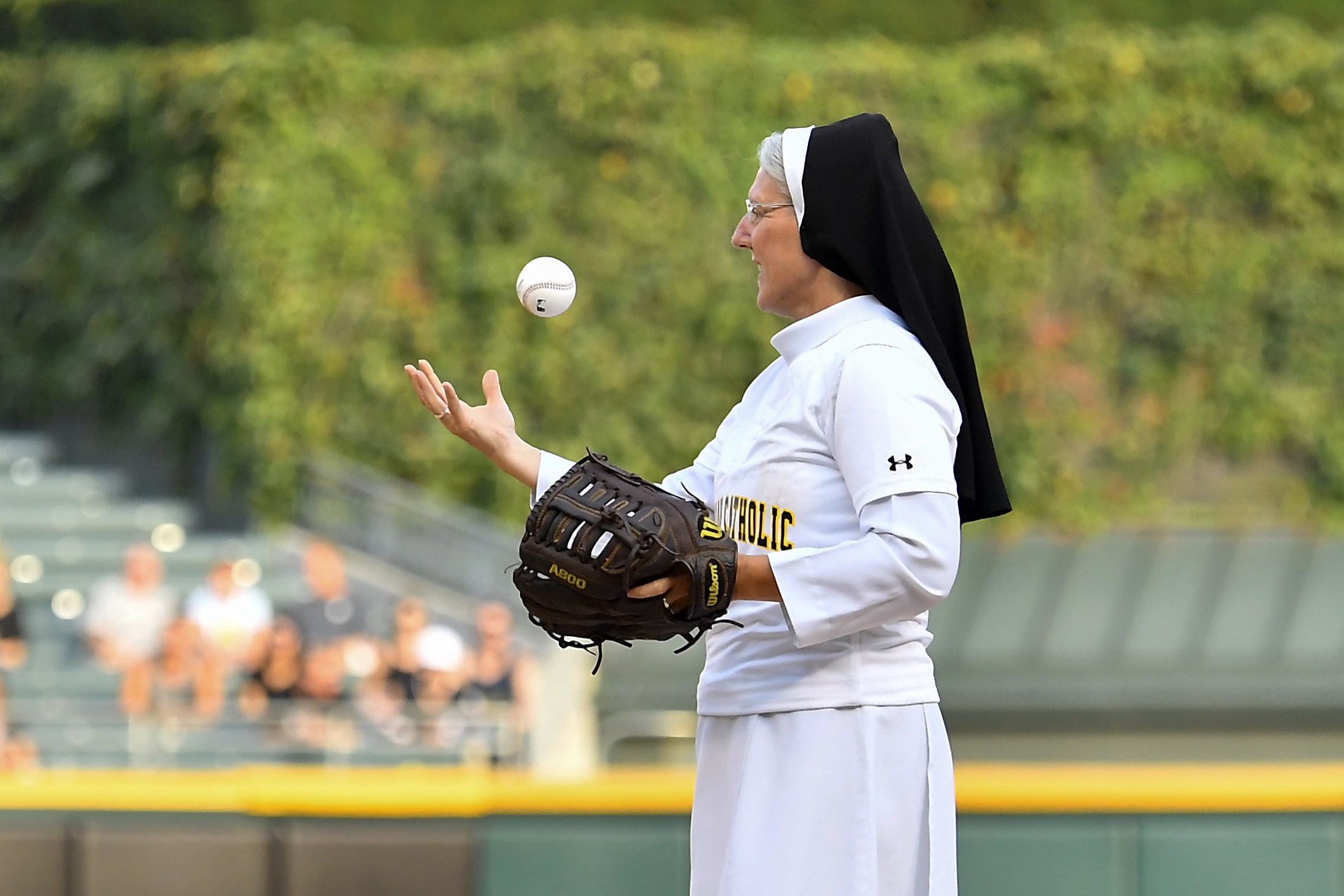 PHOTO: Marian Catholic High School's Sister Mary Jo Sobieck prepares to throw the ceremonial first pitch before the game between the Kansas City Royals and the Chicago White Sox on Aug. 18, 2018 at Guaranteed Rate Field in Chicago.