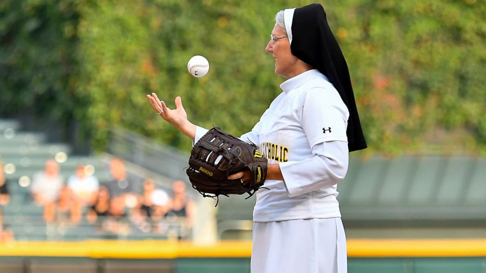 PHOTO: Marian Catholic High School's Sister Mary Jo Sobieck prepares to throw the ceremonial first pitch before the game between the Kansas City Royals and the Chicago White Sox on Aug. 18, 2018 at Guaranteed Rate Field in Chicago.