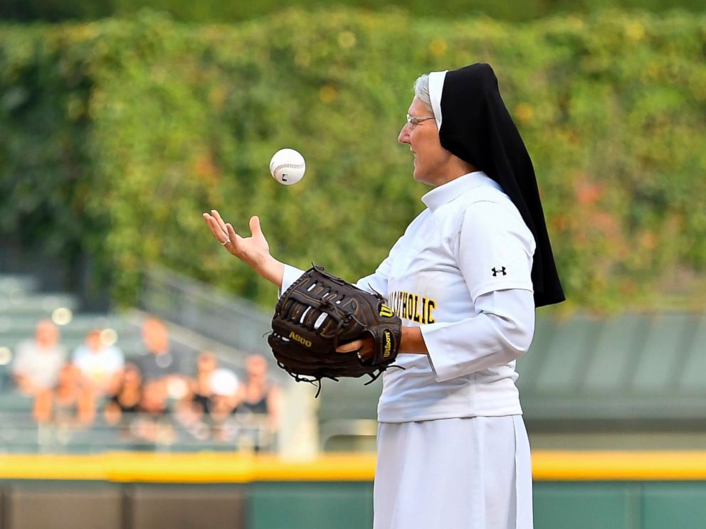 PHOTO: Marian Catholic High Schools Sister Mary Jo Sobieck prepares to throw the ceremonial first pitch before the game between the Kansas City Royals and the Chicago White Sox on Aug. 18, 2018 at Guaranteed Rate Field in Chicago.