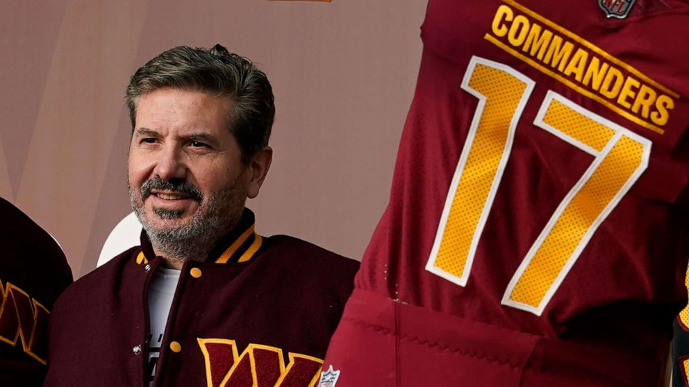 PHOTO: Washington Commanders' Dan Snyder poses for photos during an event to unveil the NFL football team's new identity, Feb. 2, 2022, in Landover, Md. 