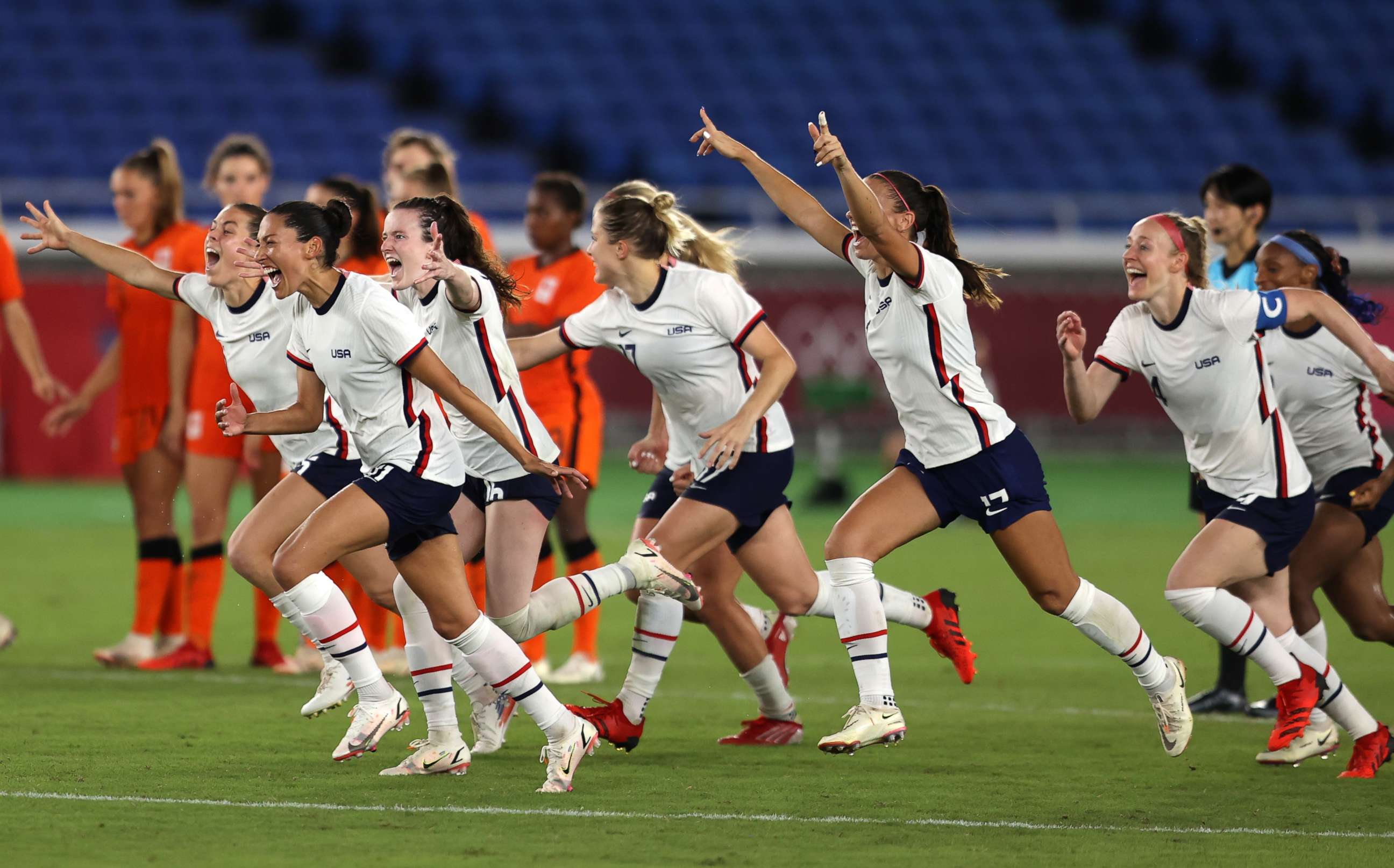 PHOTO: The United States teams celebrates following their team's victory in the penalty shoot out during the Women's Quarter Final match against the Netherlands at the Tokyo 2020 Olympic Games, July 30, 2021, in Yokohama, Kanagawa, Japan.