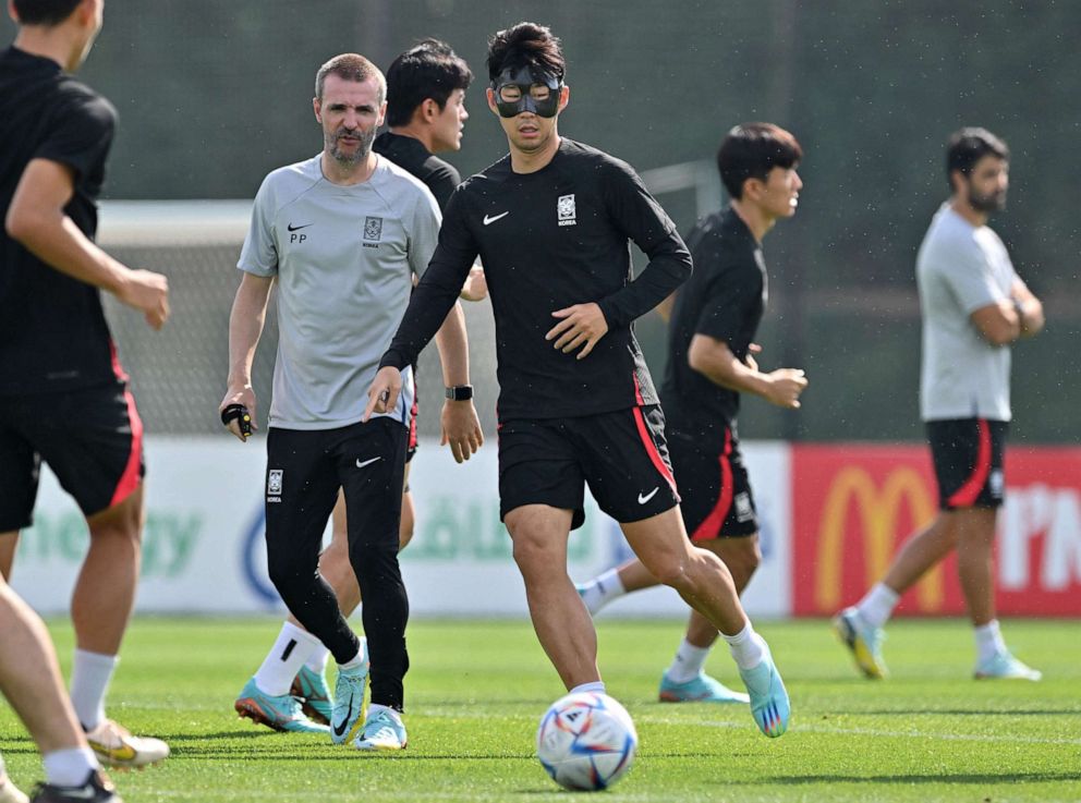 PHOTO: South Korea's midfielder Son Heung-min attends a training session at Al Egla Training Site 5 in Doha on Dec. 1, 2022, on the eve of the Qatar 2022 World Cup football match between South Korea and Portugal.
