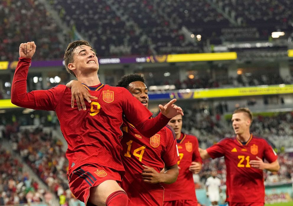 PHOTO: Spain's Gavi, left, celebrates with teammates after scoring his side's fifth goal during the World Cup group E soccer match between Spain and Costa Rica, at the Al Thumama Stadium in Doha, Qatar, Wednesday, Nov. 23, 2022.