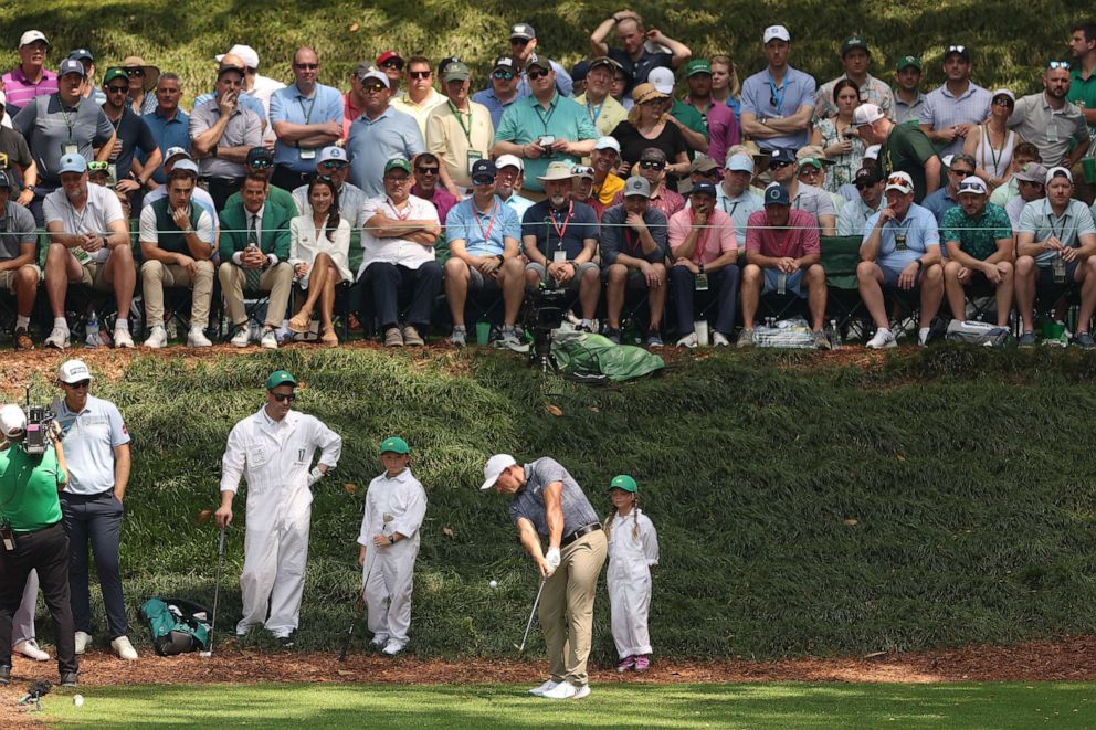 PHOTO: Scott Stallings plays his shot from the ninth tee during the Par 3 contest prior to the 2023 Masters Tournament at Augusta National Golf Club on April 5, 2023, in Augusta, Ga.