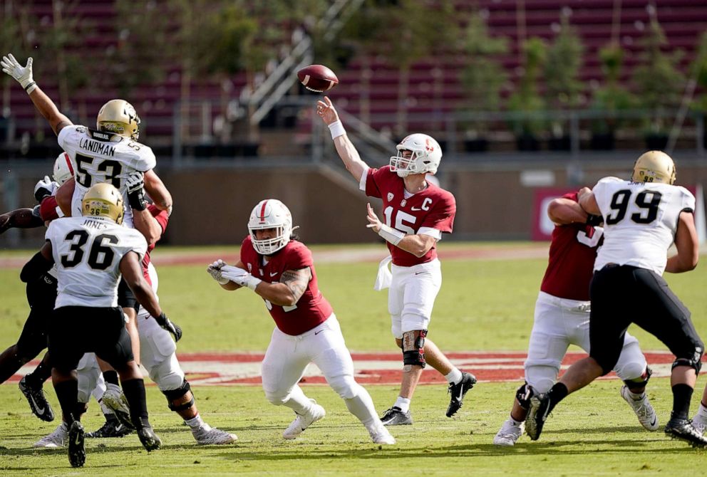 PHOTO: Davis Mills of the Stanford Cardinal throws a pass against the Colorado Buffaloes during the first quarter of their NCAA football game at Stanford Stadium on Nov. 14, 2020, in Stanford, Calif.