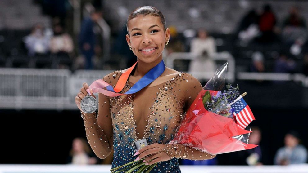 PHOTO: Starr Andrews poses with the her fourth place medal following the Women's Singles Championship competition on day two of the 2023 TOYOTA U.S. Figure Skating Championships at SAP Center, Jan. 27, 2023, in San Jose, California.