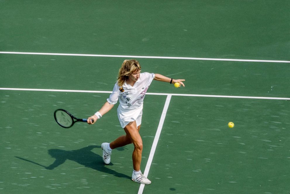 PHOTO: Steffi Graf plays in the Women's Singles event of the 1988 Summer Olympics at the Seoul Olympic Park Tennis Center in Seoul, South Korea.