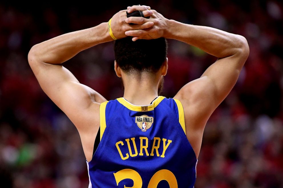 PHOTO: Golden State Warriors guard Stephen Curry reacts to a call against the Toronto Raptors during the second half of Game 2 of basketball’s NBA Finals, Sunday, June 2, 2019, in Toronto.