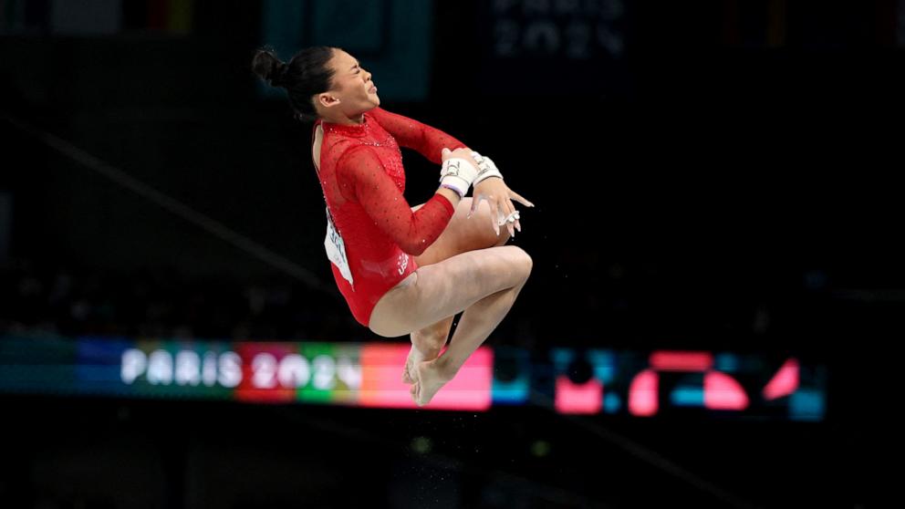 PHOTO: Sunisa Lee of United States competes in the women's uneven bars final at Bercy Arena in Paris, Aug. 4, 2024.