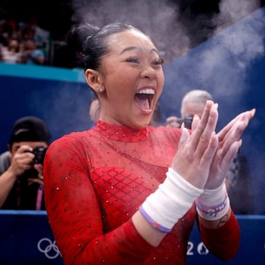 PHOTO: Sunisa Lee of United States reacts to the results of the uneven bars final at Bercy Arena in Paris during the Summer Olympics on Aug. 4, 2024. 