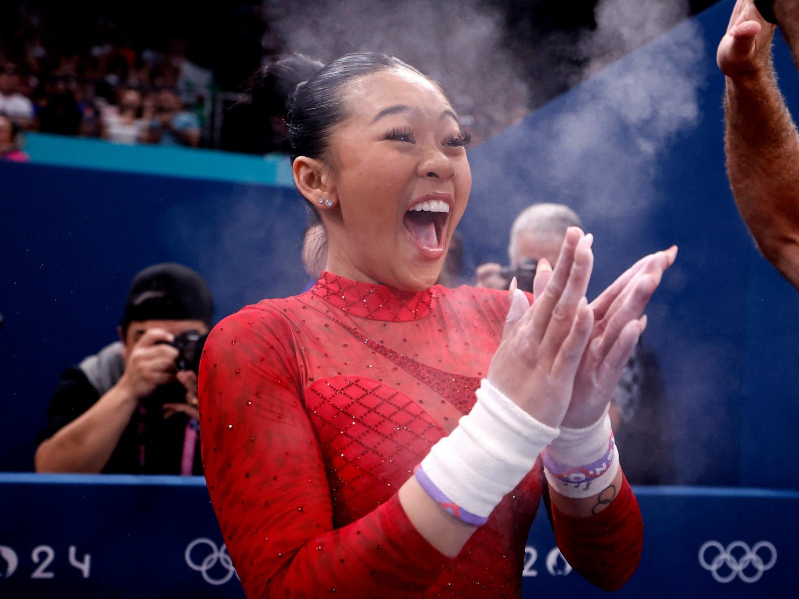 PHOTO: Sunisa Lee of United States reacts to the results of the uneven bars final at Bercy Arena in Paris during the Summer Olympics on Aug. 4, 2024.