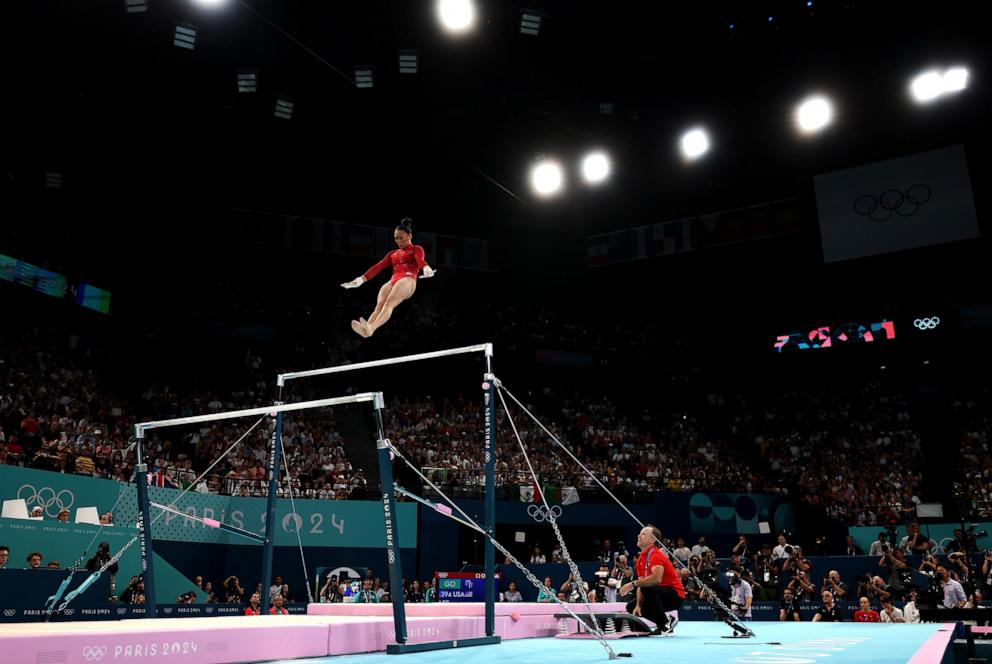 PHOTO: Sunisa Lee of Team United States competes during the Artistic Gymnastics Women's Uneven Bars Final on day nine of the Olympic Games Paris 2024 at Bercy Arena on Aug. 4, 2024, in Paris.