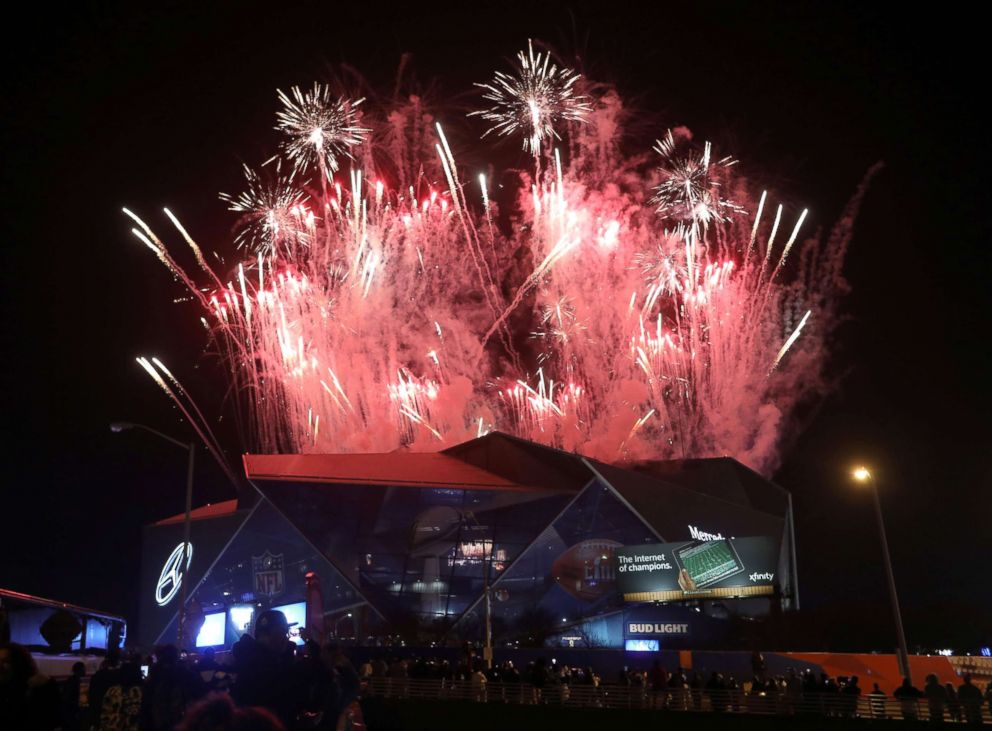PHOTO: Fireworks erupt during the NFL's Super Bowl LIII Halftime Show at Mercedes-Benz Stadium in Atlanta, Feb. 3, 2019. 