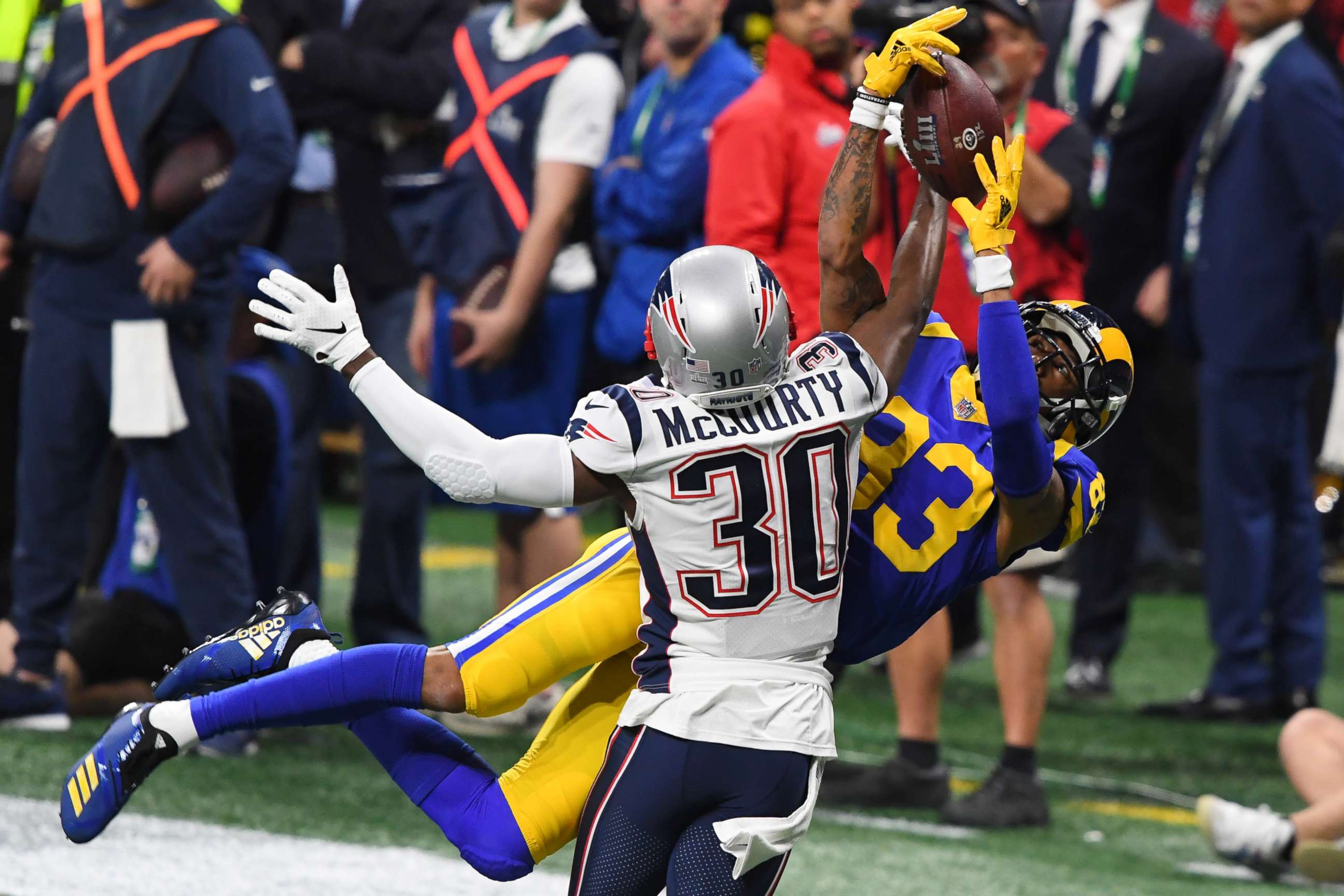 PHOTO: Los Angeles Rams wide receiver Josh Reynolds (83) and New England Patriots cornerback Jason McCourty (30) battle for a pass during the second quarter of Super Bowl LIII at Mercedes-Benz Stadium, Feb 3, 2019, Atlanta. 