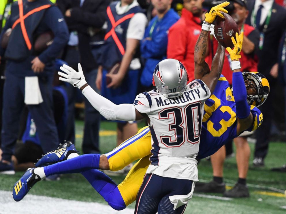 PHOTO: Los Angeles Rams wide receiver Josh Reynolds (83) and New England Patriots cornerback Jason McCourty (30) battle for a pass during the second quarter of Super Bowl LIII at Mercedes-Benz Stadium, Feb 3, 2019, Atlanta. 