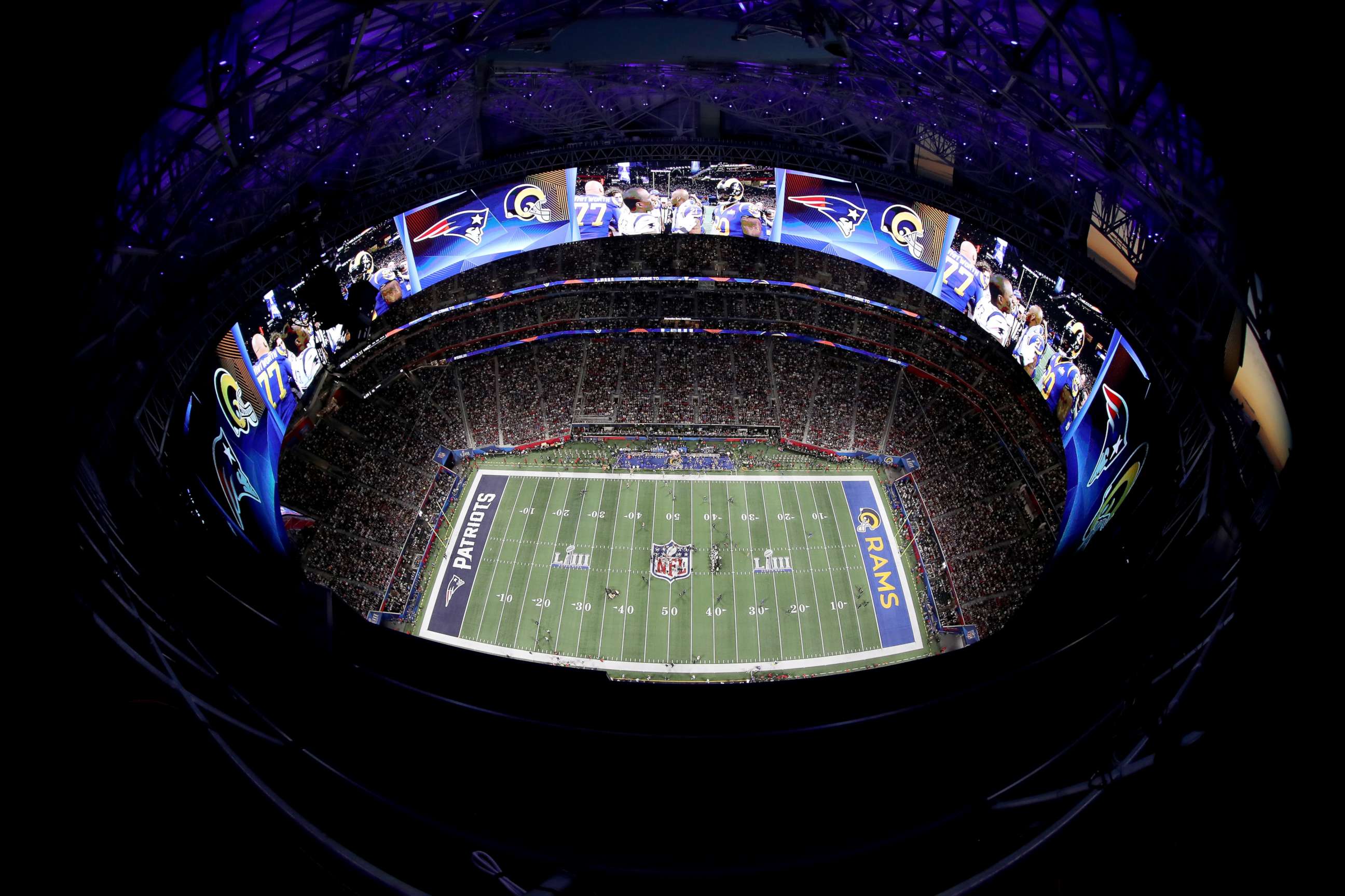 PHOTO: An aerial view inside Mercedes-Benz Stadium in the first half during Super Bowl LIII, Feb. 3, 2019, in Atlanta.