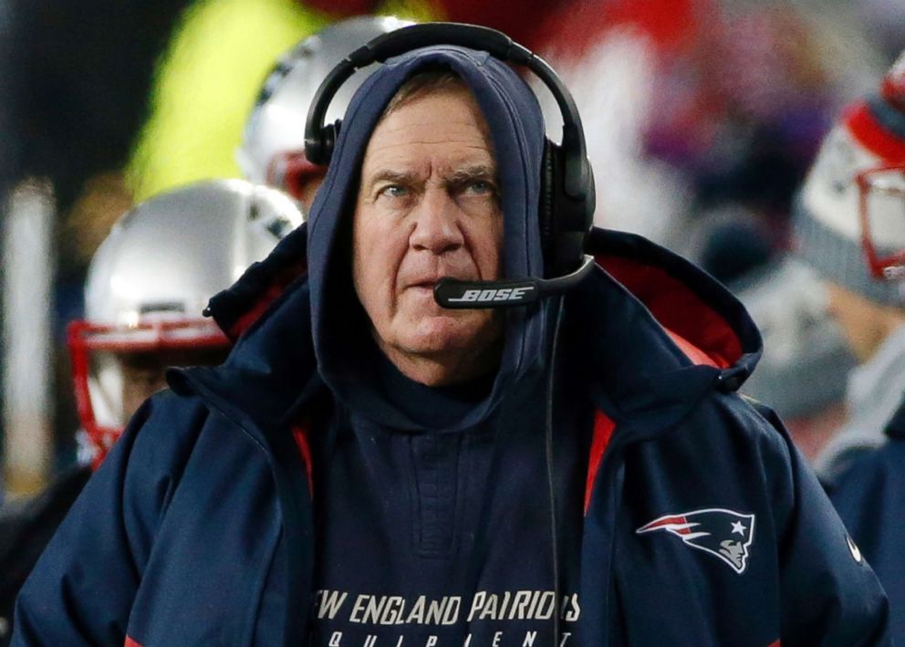 PHOTO: New England Patriots head coach Bill Belichick watches from the sideline during the first half of an NFL divisional playoff football game against the Tennessee Titans in Foxborough, Mass, Jan. 13, 2018. 