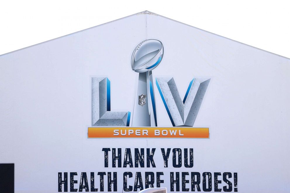 PHOTO: A Super Bowl sign reading "Thank You Health Care Heroes!" is seen before Super Bowl LV between the Tampa Bay Buccaneers and the Kansas City Chiefs at Raymond James Stadium, Feb. 7, 2021, in Tampa, Florida.