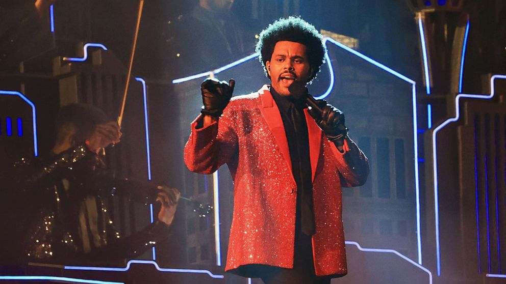 PHOTO: The Weeknd performs during halftime of the NFL Super Bowl 55 football game between the Kansas City Chiefs and Tampa Bay Buccaneers, Feb. 7, 2021, in Tampa, Fla.