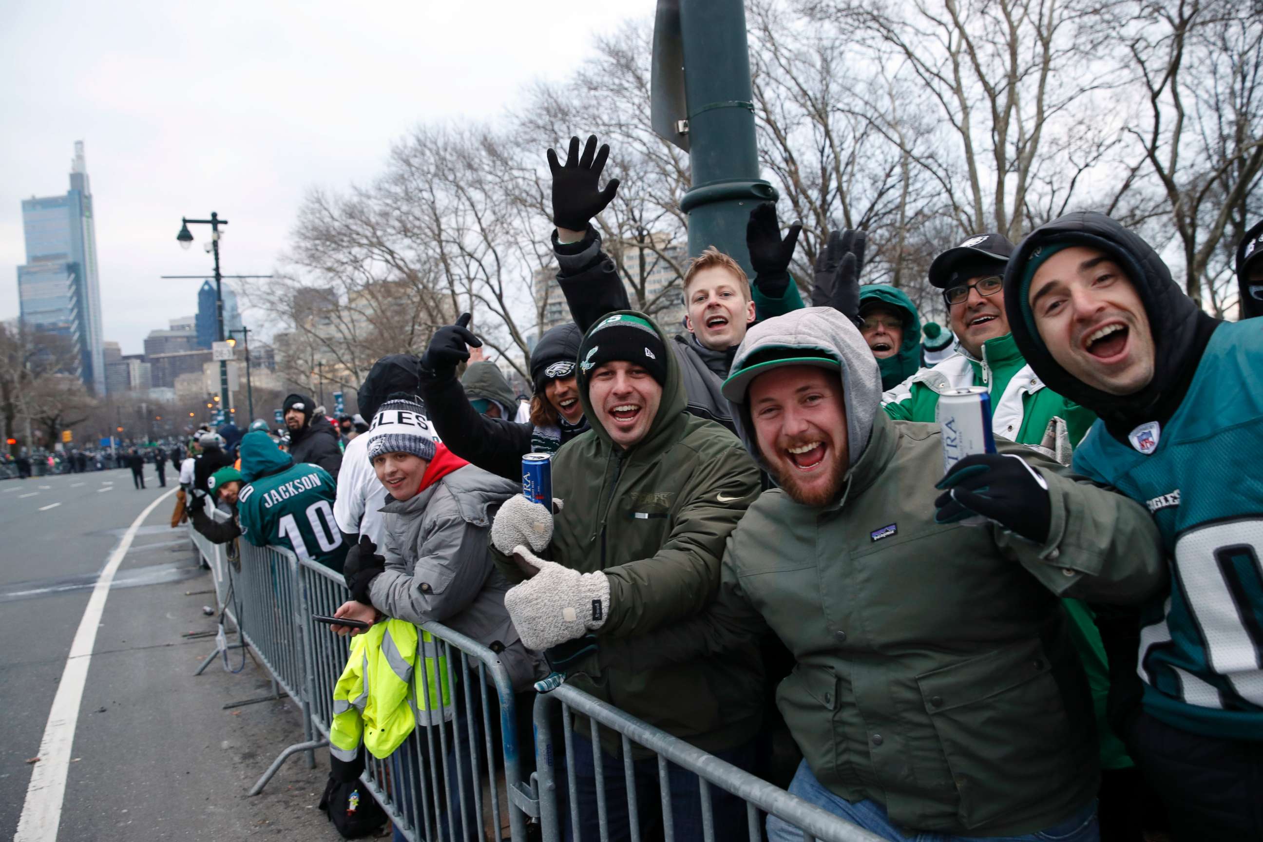 PHOTO: Fans line Benjamin Franklin Parkway before a Super Bowl victory parade for the Philadelphia Eagles NFL football team on Feb. 8, 2018, in Philadelphia.