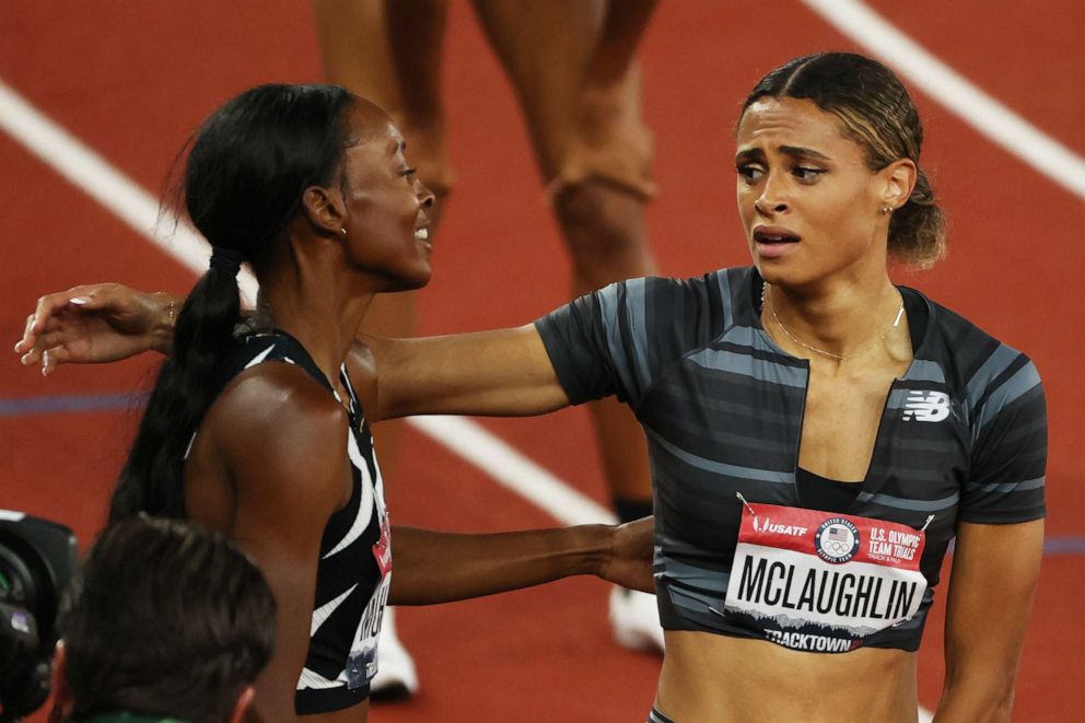 PHOTO: Dalilah Muhammad and Sydney McLaughlin celebrate after the women's 400-meter hurdles final during day 10 of the 2020 U.S. Olympic track and field trials at Hayward Field on June 27, 2021, in Eugene, Ore.