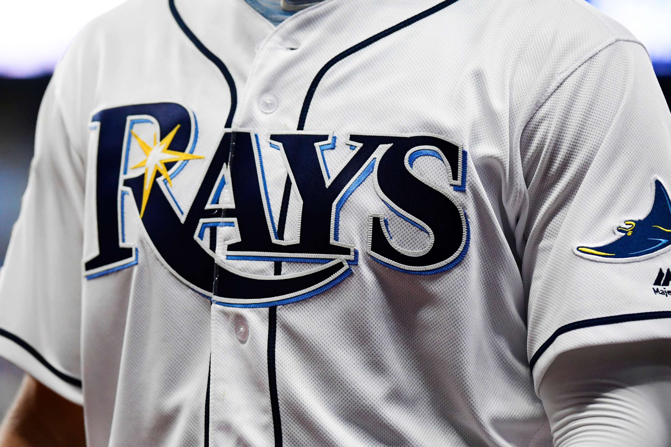 PHOTO: In this April 16, 2019, file photo, the logo of the Tampa Bay Rays is shown on a player's uniform at Tropicana Field in St. Petersburg, Fla.