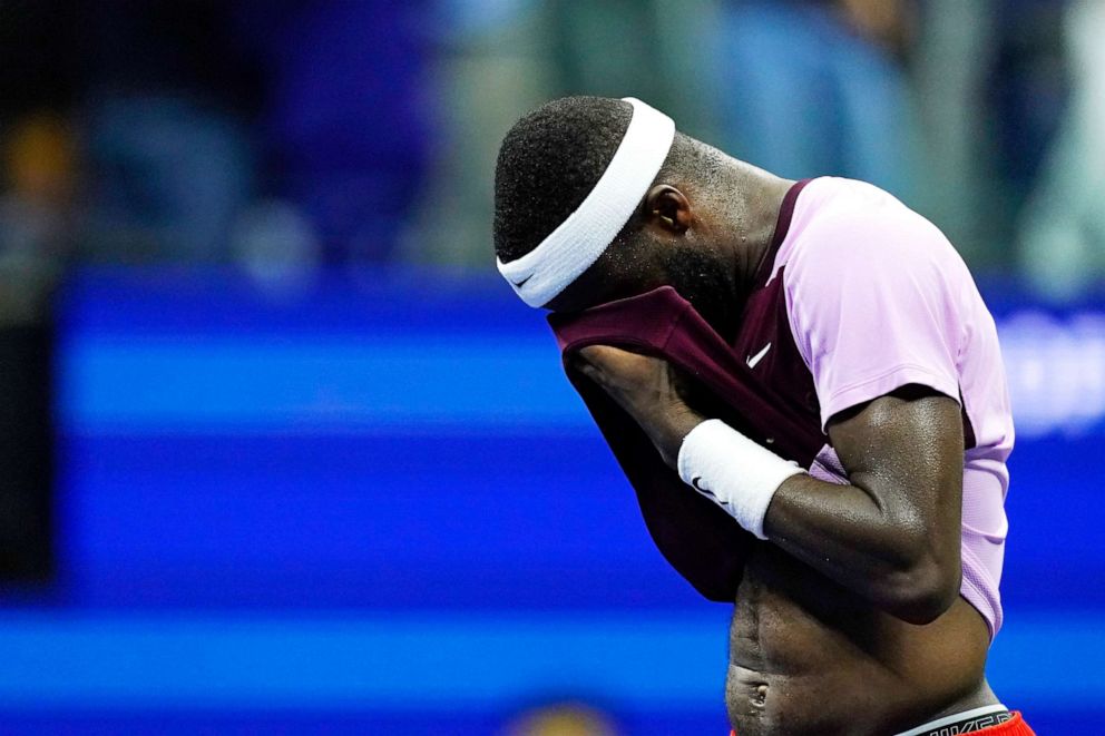 PHOTO: Frances Tiafoe, of the United States, reacts after losing to Carlos Alcaraz, of Spain, in the semifinals of the U.S. Open tennis championships, Friday, Sept. 9, 2022, in New York.