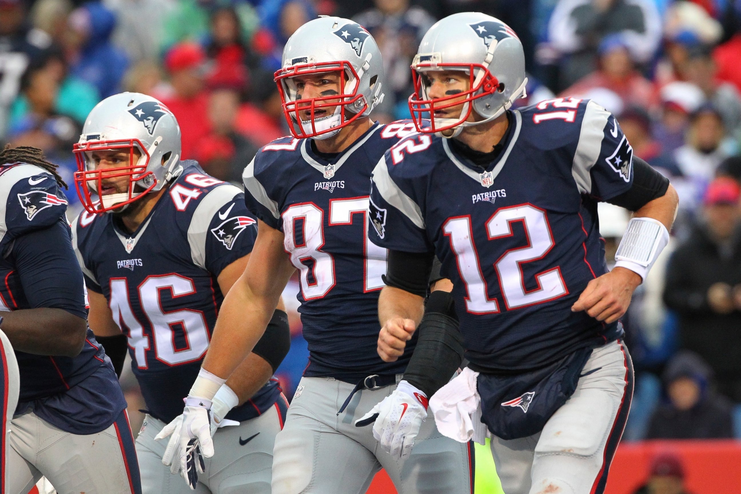 PHOTO: In this Oct. 30, 2016, file photo, New England Patriots' Tom Brady (12) and Rob Gronkowski head back to the sideline after a touchdown during the second half of the team's NFL football game against the Buffalo Bills in Orchard Park, N.Y.